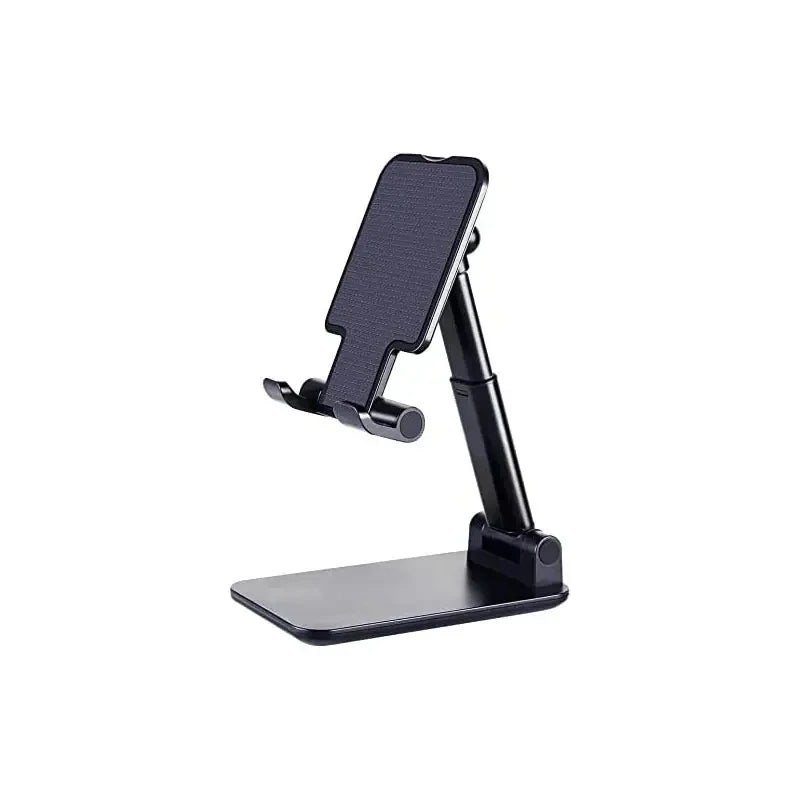 A black universal adjustable desk mount for phones and tablets.