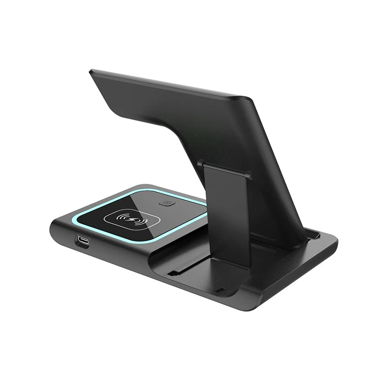 Almohadilla de carga inalámbrica negra para iPhone, Apple Watch o AirPods.