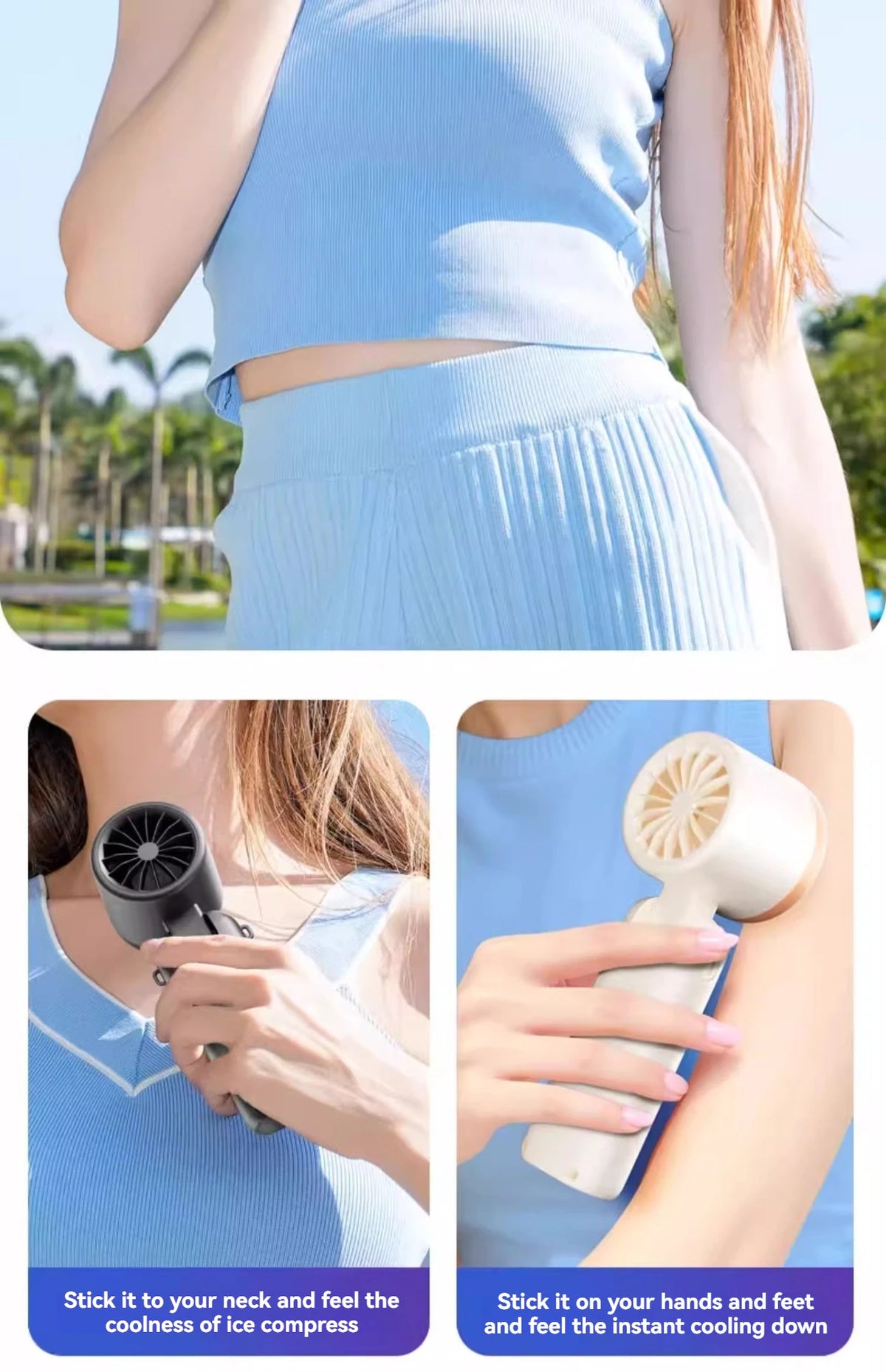 A woman uses a handheld ice compress fan to cool her neck and hands.