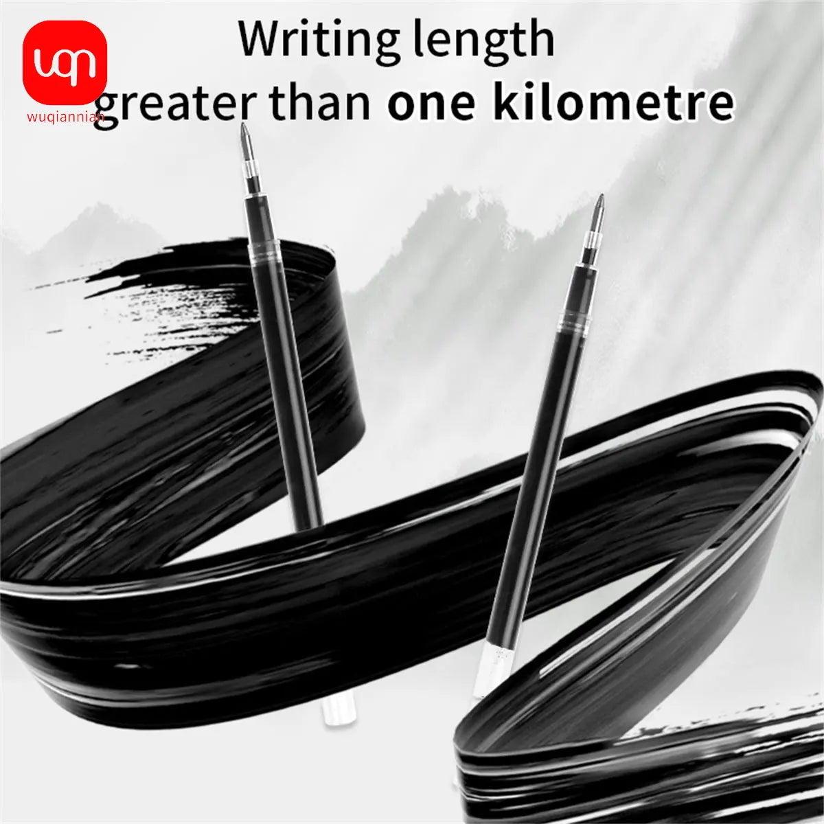A black writing pen is shown in a dynamic, swirling motion against a white background.
