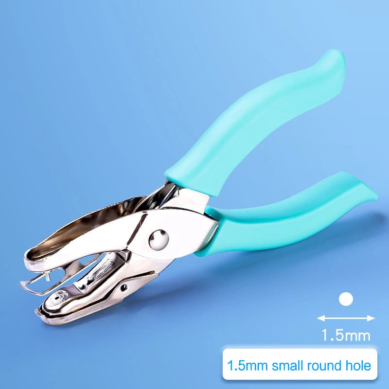A pair of light blue handheld metal punchers with a smooth handle and a 1.5mm round hole.