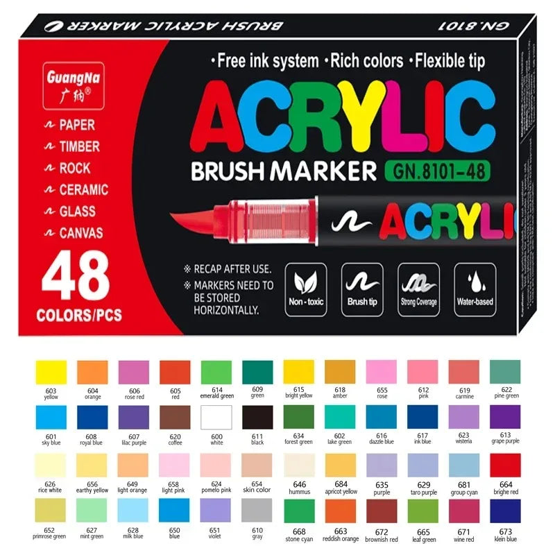 Box of 48 acrylic brush markers featuring various colors including yellow, red, green, and blue.