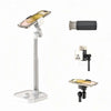 A silver adjustable metal phone tripod stand with multiple mounting options shown in various configurations.