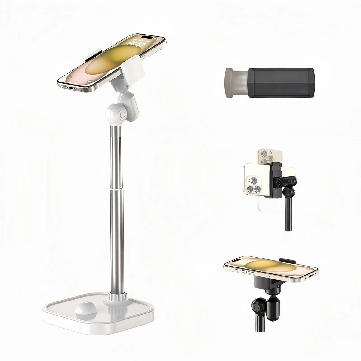 A silver adjustable metal phone tripod stand with multiple mounting options shown in various configurations.