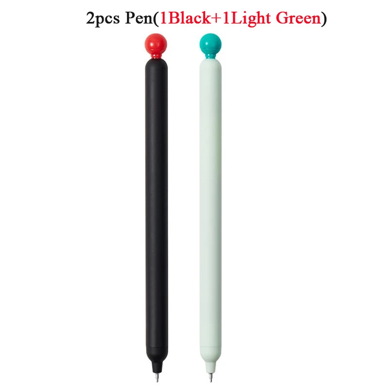 Two pens are shown: one black and one light green, with a smooth gel tip.