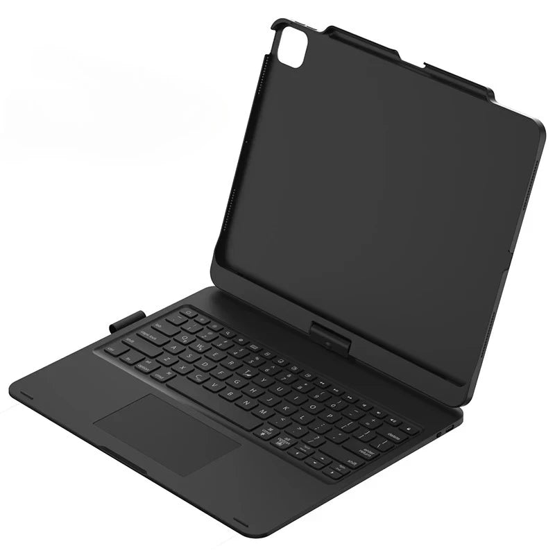 A black 360° rotating keyboard case with a trackpad for an iPad Pro or Air.