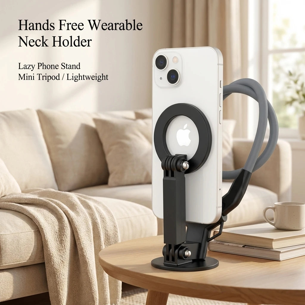 A white iPhone is mounted on a black magnetic neck holder with a foldable tripod stand, resting on a wooden table.