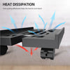 A black adjustable mobile CPU stand with caster wheels is shown dissipating heat.