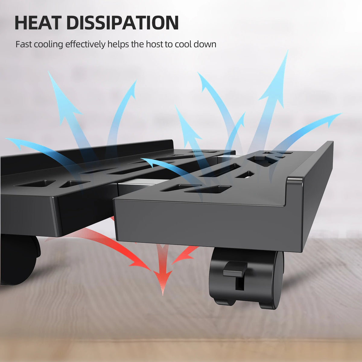 A black adjustable mobile CPU stand with caster wheels is shown dissipating heat.