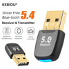 Receptor y transmisor Bluetooth 5.4 negro con conector USB junto a iconos de varios dispositivos.