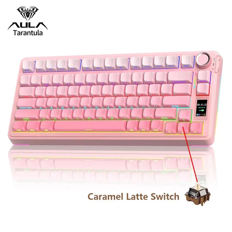 Pink AULA Tarantula mechanical keyboard with LED screen and control knob