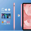 Pluma stylus capacitiva rosa universal mostrada junto a varios smartphones y una pantalla de tableta.