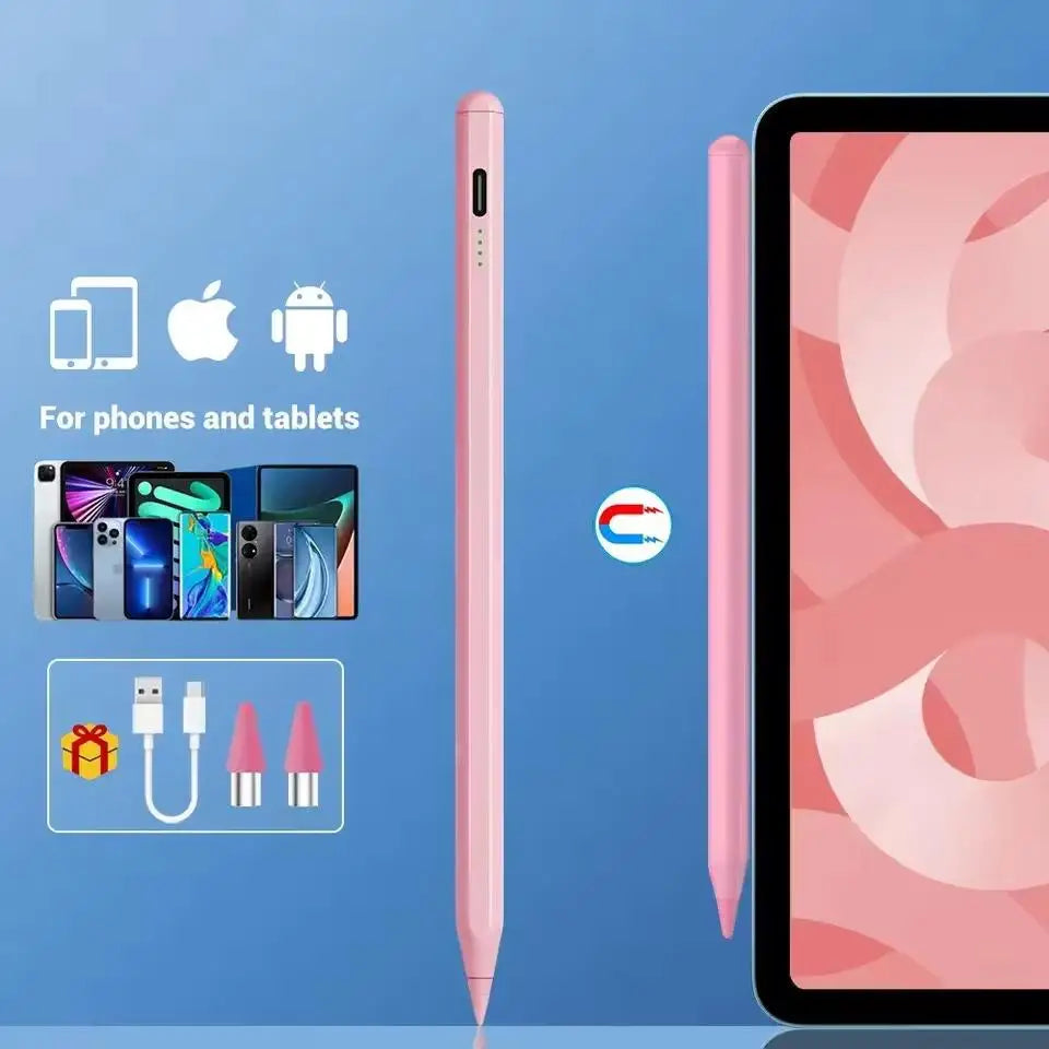 Pluma stylus capacitiva rosa universal mostrada junto a varios smartphones y una pantalla de tableta.