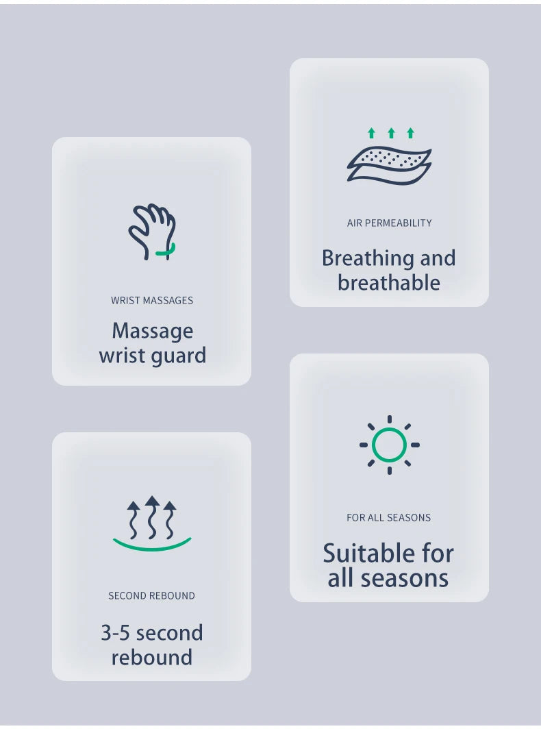 A collection of product features including wrist massages, air permeability, second rebound, and suitability for all seasons.