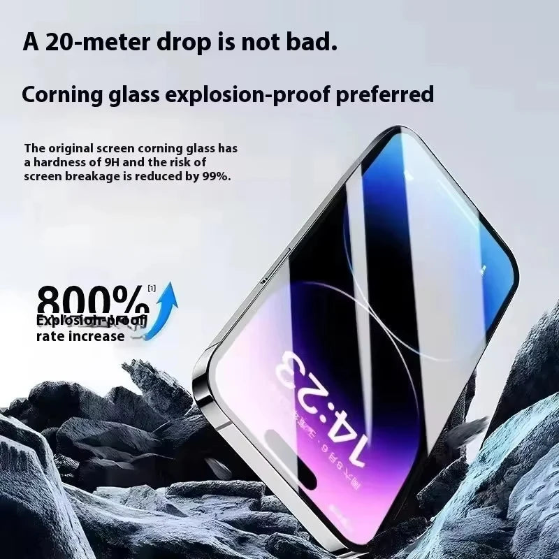 Nahaufnahme eines Smartphones mit einer Displayschutzfolie, die Corning explosion-proof Funktionen bewirbt.