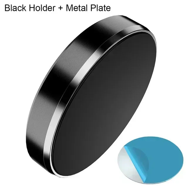 A black magnetic holder with a metal plate and a blue circular component.