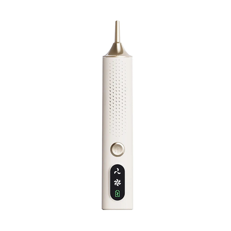 A white electric diamond painting pen with a gold-colored cap and a black power button.