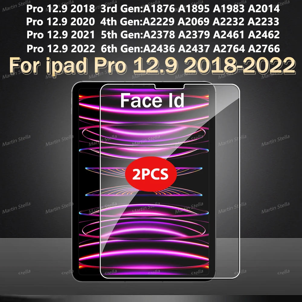 لقطة مقربة لغطاء حماية زجاجي مقسّى (Face ID) لجهاز iPad Pro 12.9، يظهر خطوط بصمة الإصبع.