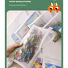 A hand is opening a clear mesh storage bag with a smooth zipper to show colorful items inside.