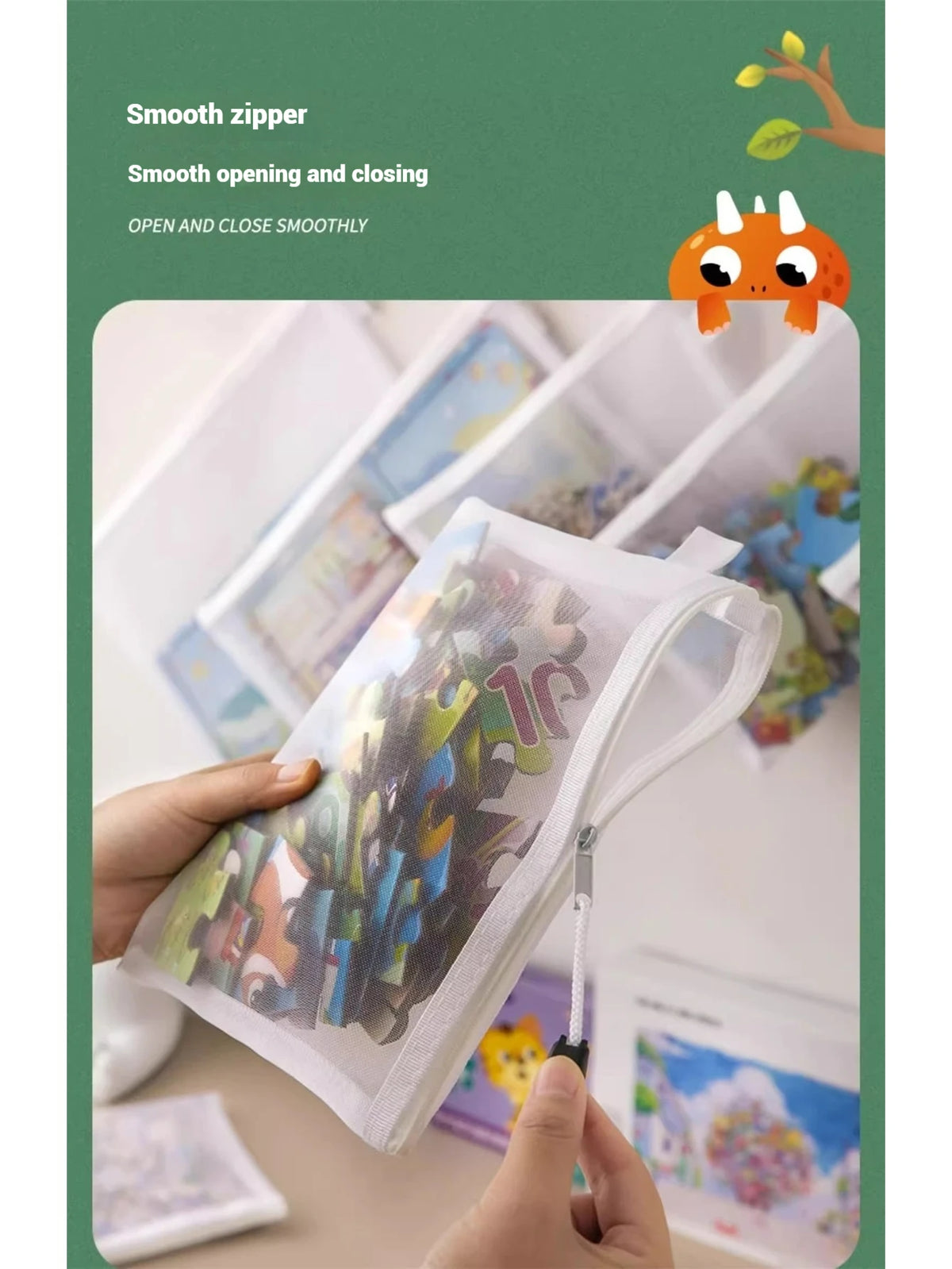 A hand is opening a clear mesh storage bag with a smooth zipper to show colorful items inside.