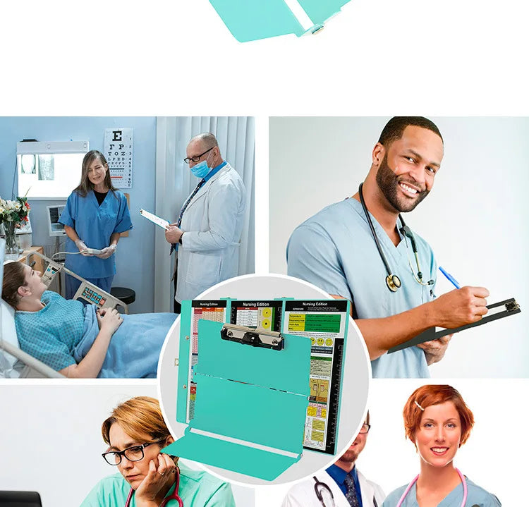 A collection of images showing an A4 foldable medical clipboard used by healthcare professionals.