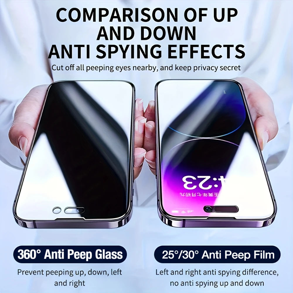 Comparison of up and down anti spying effects between a 360 degree anti peep glass and a 25/30 anti peep film for iPhone
