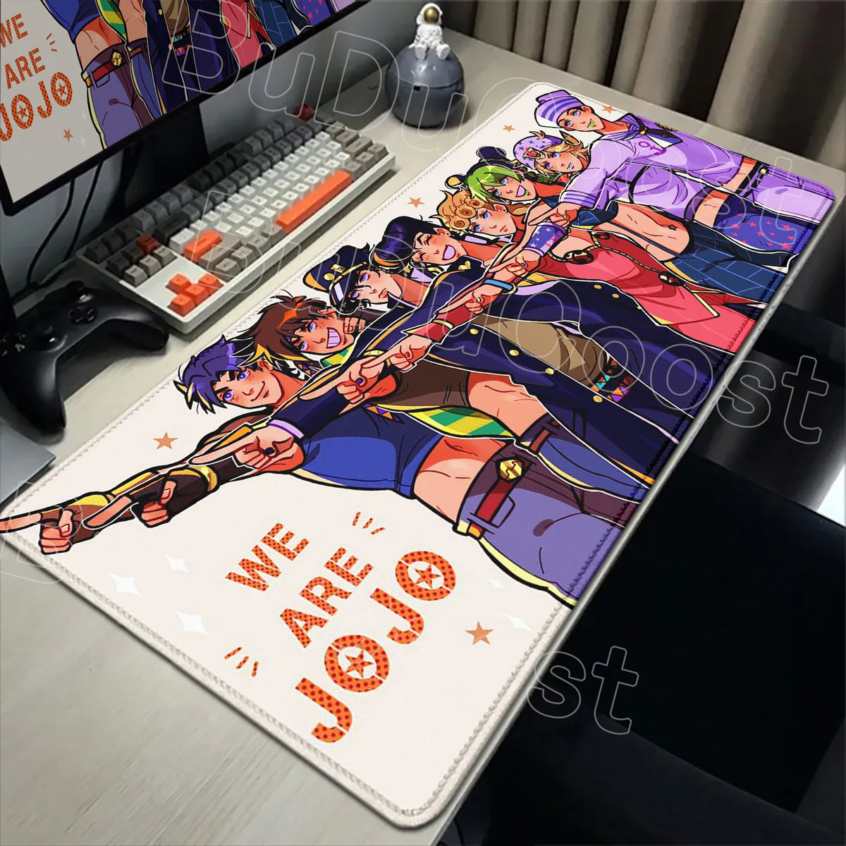 Anime-inspired gaming mouse pad featuring a colorful illustration of characters and the text WE ARE JOJO