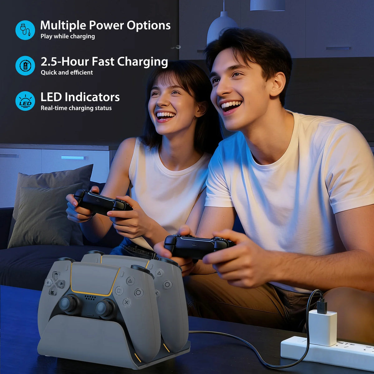 A young man and woman are using a dual PS5 controller charging station with fast charging dock in a living room setting.