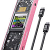A pink M.2 Smart SSD enclosure with an LCD display and a detachable USB cable.