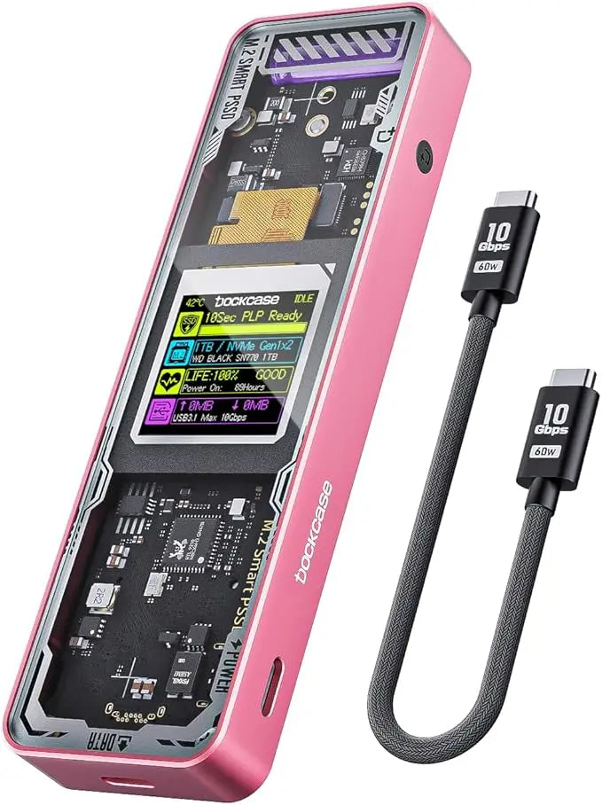 A pink M.2 Smart SSD enclosure with an LCD display and a detachable USB cable.
