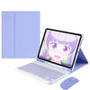 A purple leather keyboard case with a detachable Bluetooth keyboard shown next to an iPad and a mouse.