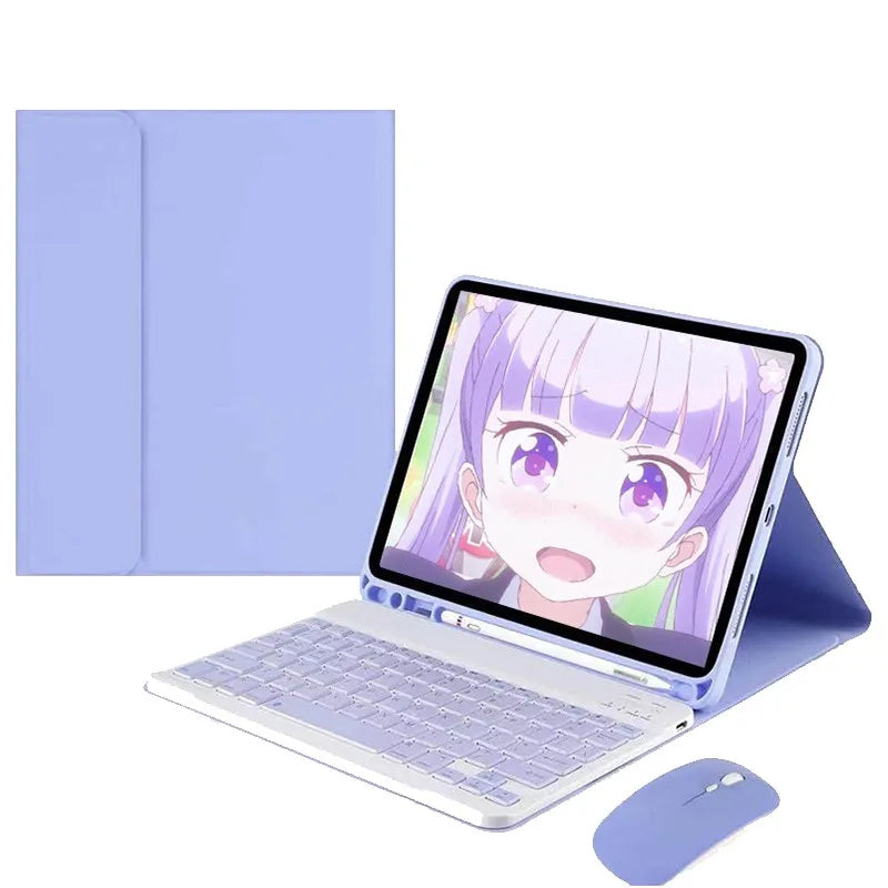 A purple leather keyboard case with a detachable Bluetooth keyboard shown next to an iPad and a mouse.