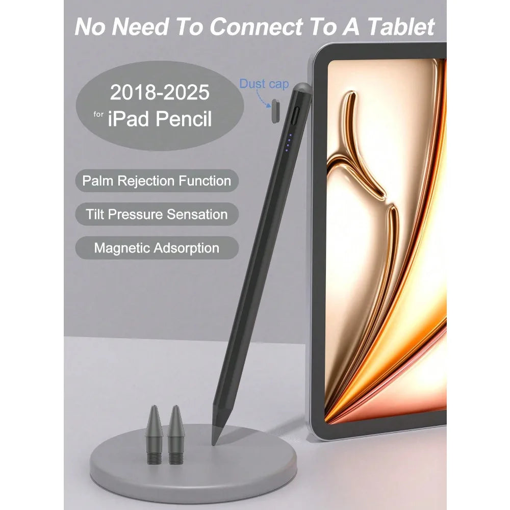 A black precision stylus pen with a dust cap rests on a stand next to an iPad, demonstrating magnetic adsorption and tilt pre