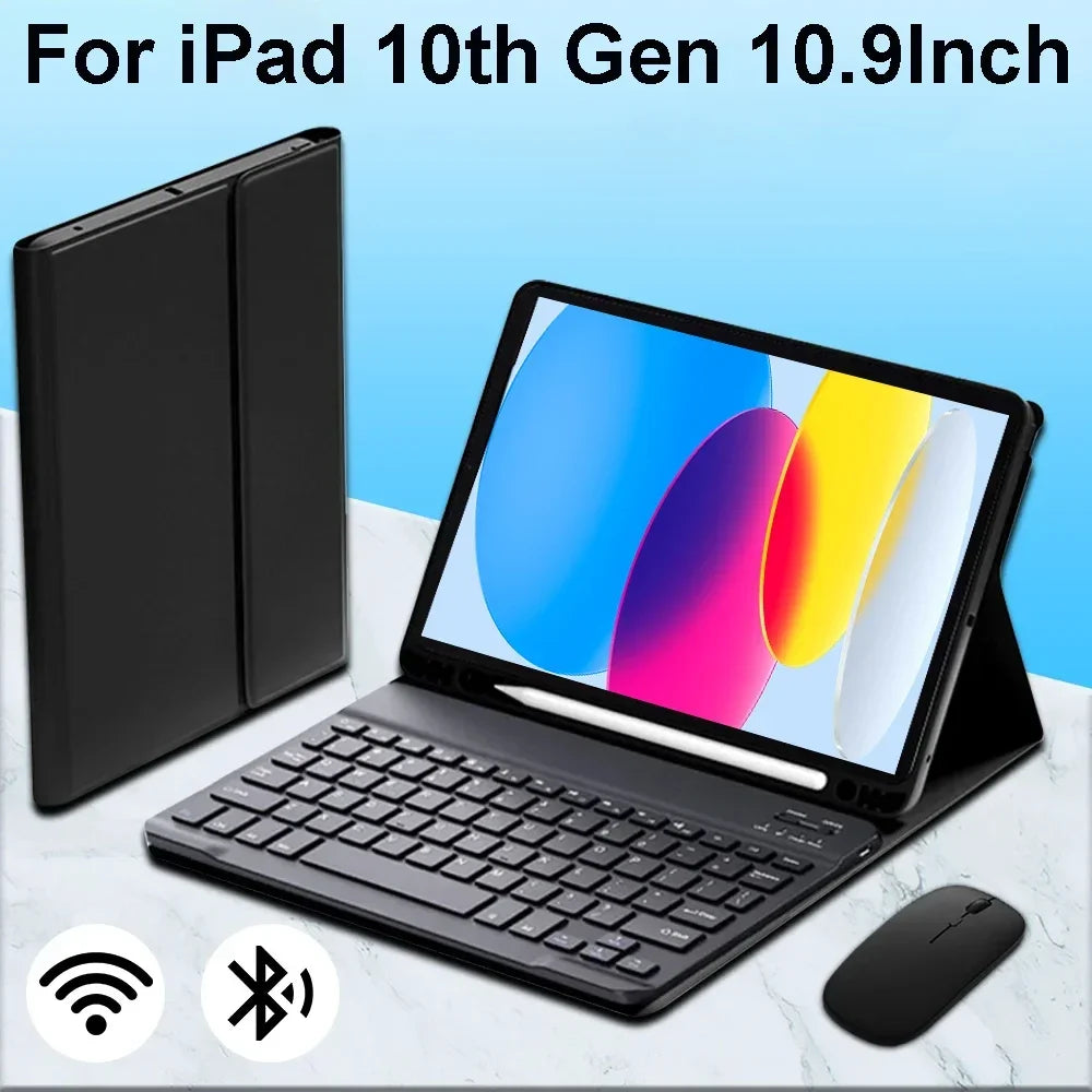 A black detachable Bluetooth keyboard case for the iPad 10th Gen shown next to the tablet.