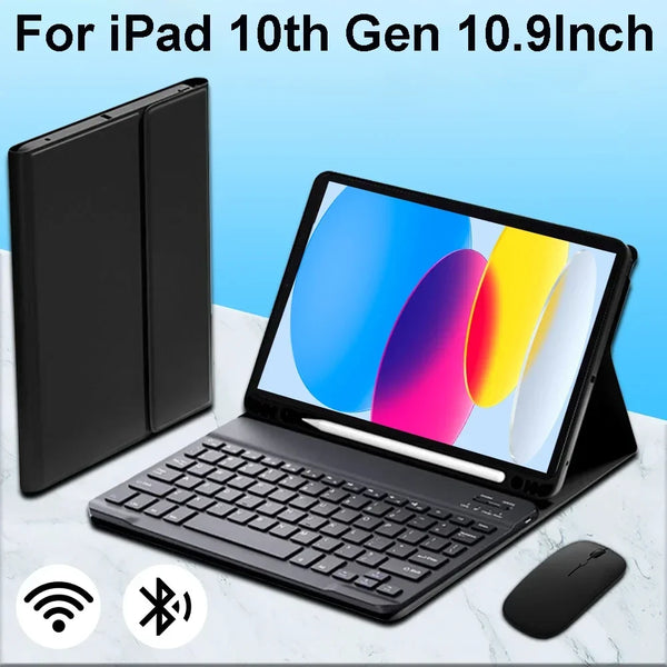 A black detachable Bluetooth keyboard case for the iPad 10th Gen shown next to the tablet.
