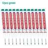Twelve green long nib marker pens for deep hole marking on metal and wood.