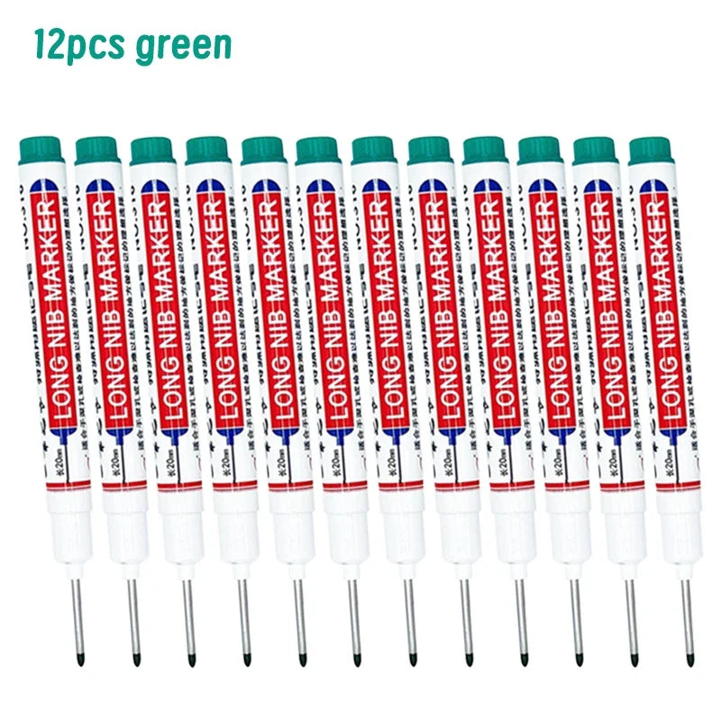 Twelve green long nib marker pens for deep hole marking on metal and wood.