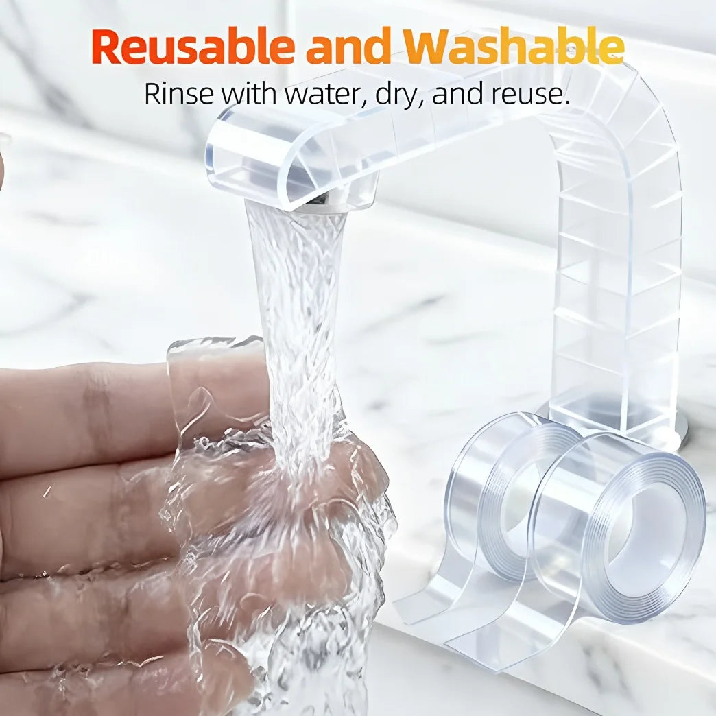 A hand is rinsing a clear reusable and washable silicone tape with water.