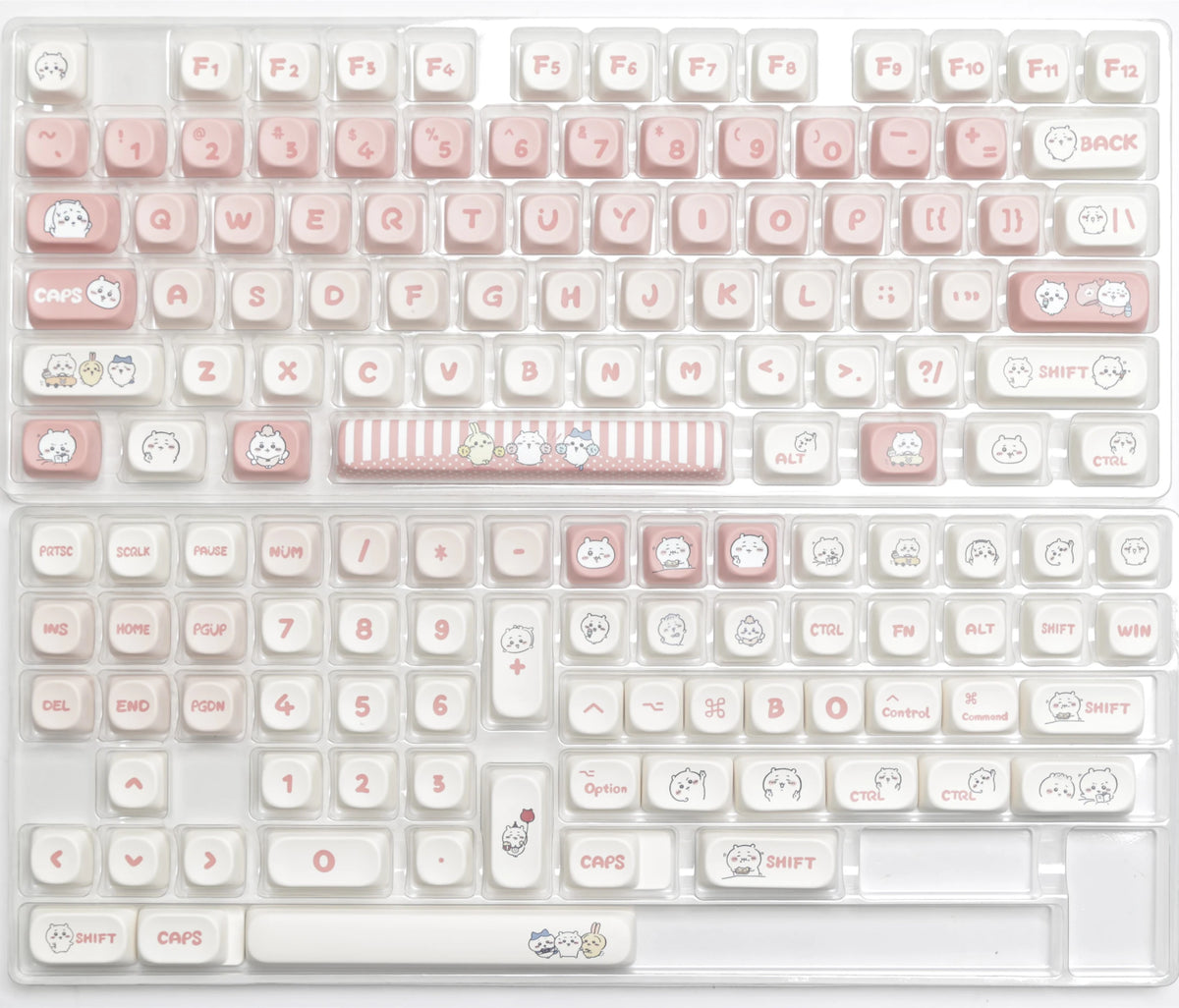 A close-up view of a white mechanical keyboard featuring pink and light gray dye-sublimated PBT keycaps.
