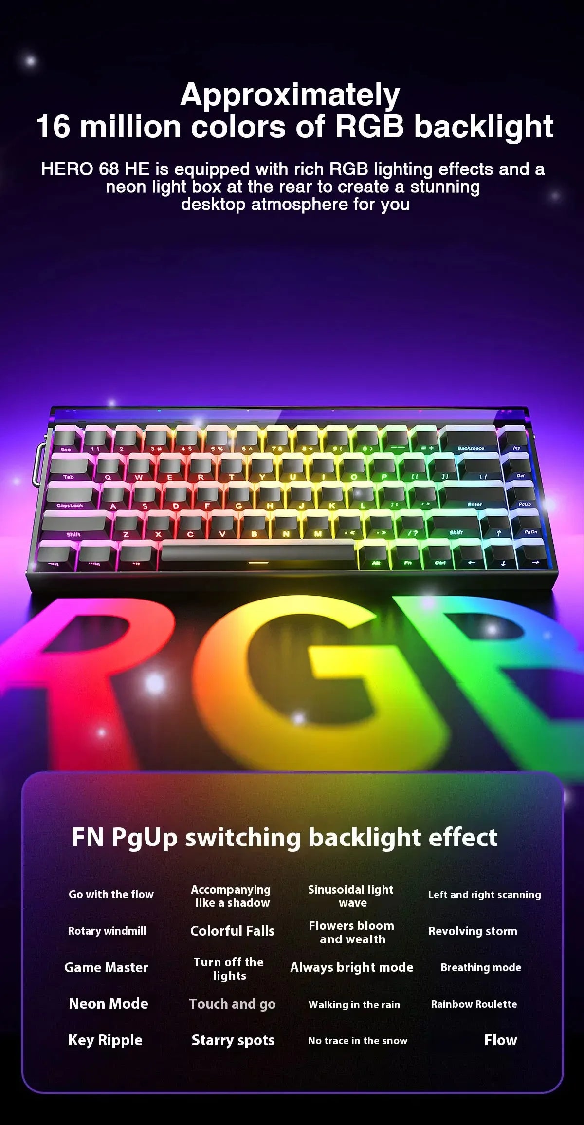 A close-up view of an FN PgUp switching backlight effect on a black mechanical keyboard.