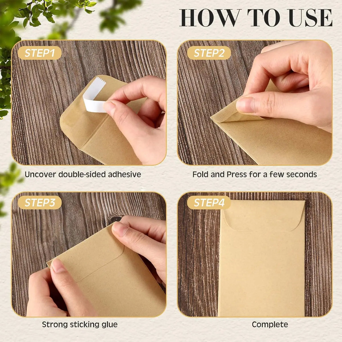 Four steps showing how to use resealable seed envelopes for gardening, including uncovering adhesive and pressing the fold.