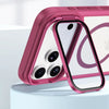 A pink magnetic shockproof iPhone case is shown open, displaying the phone and protecting the camera lens.