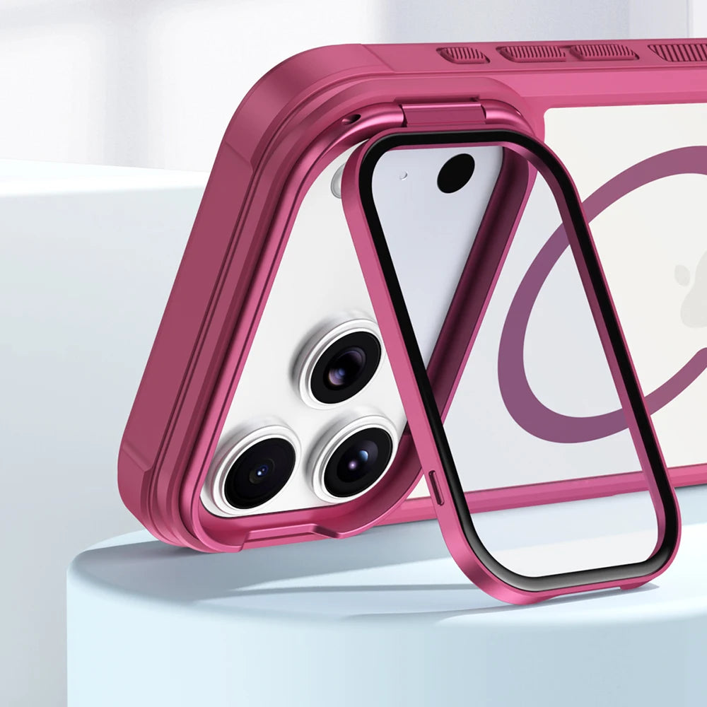 A pink magnetic shockproof iPhone case is shown open, displaying the phone and protecting the camera lens.