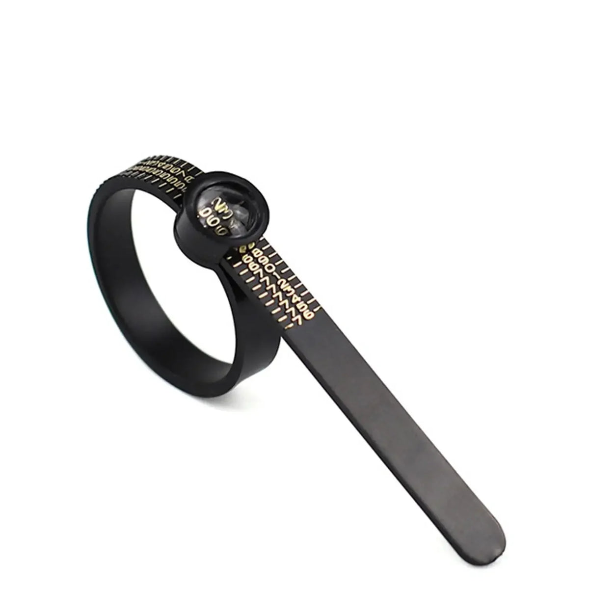 A black ring sizer and measuring tool with a magnifier attached to a strap.