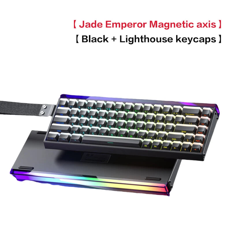 Un clavier mécanique noir avec des touches de couleur claire et une barre lumineuse colorée en dessous.