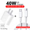 A white 40W US charger and USB C to iOS cable for iPhone 8-14 series devices.