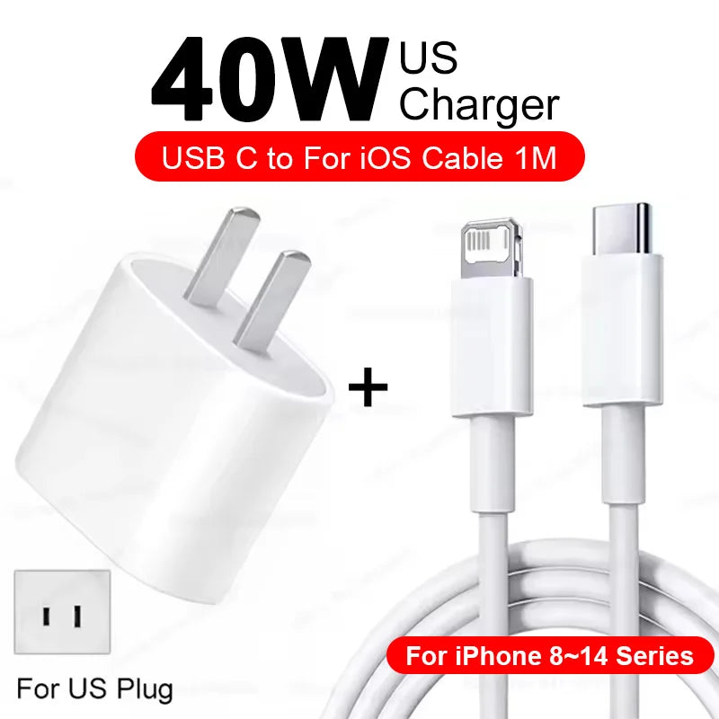 A white 40W US charger and USB C to iOS cable for iPhone 8-14 series devices.