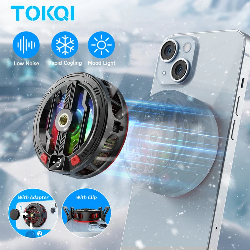 A magnetic semiconductor phone cooler is shown with an adapter and clip mount, demonstrating low noise, rapid cooling, and mo