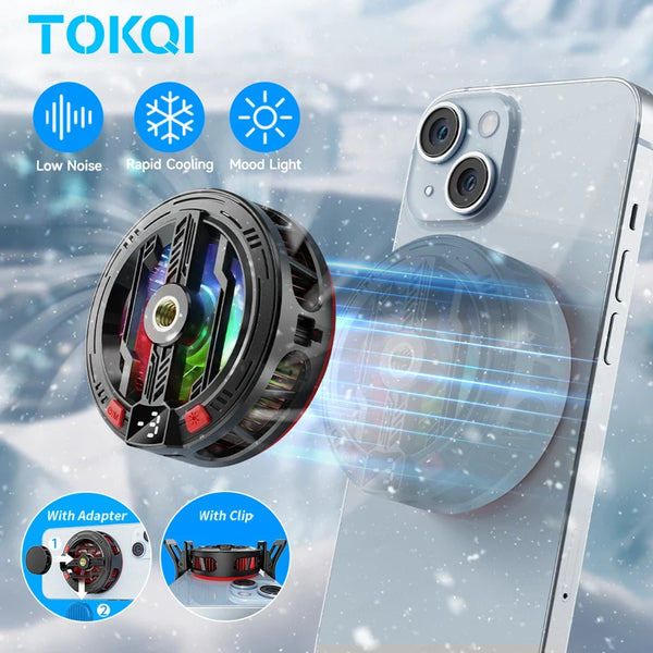 A magnetic semiconductor phone cooler is shown with an adapter and clip mount, demonstrating low noise, rapid cooling, and mo