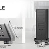 An adjustable width PC tower stand shown with side view, demonstrating its dimensions and use.